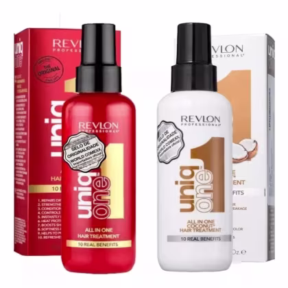 A imagem mostra dois produtos de tratamento capilar da marca Revlon Professional. À esquerda, um leave-in o "Uniq One All in One Hair Treatment". À direita, leave-in com o rótulo "All in One Coconut Hair Treatment" e detalhes em marrom claro.