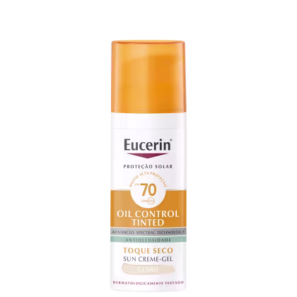Frasco de protetor solar Eucerin Oil Control Tinted com FPS 70, embalagem laranja e branca, rótulo com informações sobre o produto e sua tecnologia avançada.