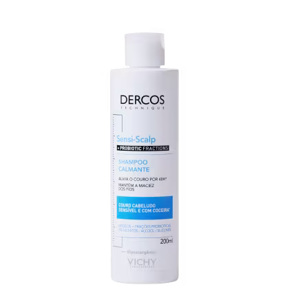 Frasco branco de 200ml do shampoo calmante Sensi-Scalp da linha Dercos Technique da Vichy, com rótulo azul destacando os ingredientes probióticos e a indicação para cabelo sensível e com coceira.
