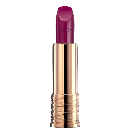 Produto de beleza Lancôme com embalagem preta e dourada, contendo um batom de cor rosa vibrante. O rótulo exibe o nome da marca em destaque.