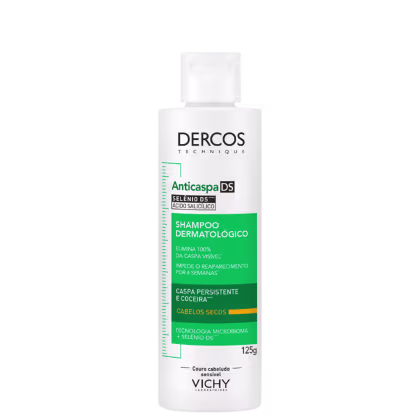 Frasco branco de shampoo dermatológico da marca Dercos Technique, da Vichy, com rótulo verde e amarelo. Contém 125g de produto e promete eliminar 100% da caspa visível e impedir o reaparecimento por 4 semanas.