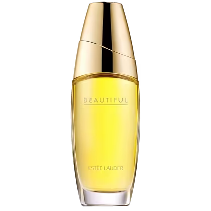 Perfume em frasco de vidro transparente com líquido amarelo. A embalagem é alongada com detalhes dourados metálicos. O rótulo frontal exibe o nome "Beautiful" em letras maiúsculas douradas, seguido pelo nome da marca "Estée Lauder".
