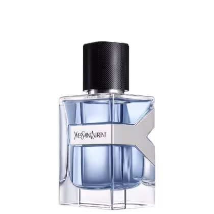 Frasco de perfume Yves Saint Laurent com design moderno e minimalista, em tons de azul e preto, com rótulo destacado em letras brancas.