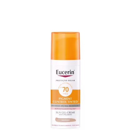 Frasco de protetor solar Eucerin com FPS 70, com tecnologia de controle de pigmentação, em embalagem laranja e branca, com rótulo indicando "Pigment Control Tinted" e "Sun Gel-Creme Anti-Pigment".