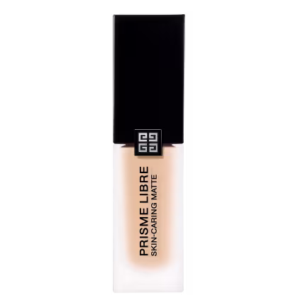 Embalagem preta e branca de um produto de maquiagem da marca Givenchy, com o nome "PRISME LIBRE" e a descrição "SKIN-CARING MATTE" impressos. O produto possui uma forma retangular com um logotipo quadrado no centro.