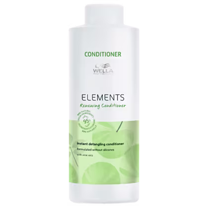 Condicionador  Elements da Wella. Embalagem branca com detalhes em verde. Rótulo indicando que é um condicionador formulado sem silicones, com 95% de ingredientes naturais e aloe vera. Cores predominantes são branco e verde claro