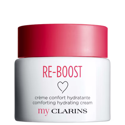 Creme hidratante confortante da linha Re-Boost da Clarins, em embalagem branca com tampa vermelha e texto destacado em vermelho e preto. O produto é apresentado em um frasco de vidro com textura lisa e formato cilíndrico.