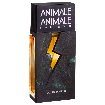 Perfume Animale Animale For Men em embalagem retangular preta com letras brancas "Animale Animale" e "For Men" na parte frontal. A embalagem apresenta um frasco de vidro âmbar com um relâmpago amarelo e detalhes verdes, representando o aroma.