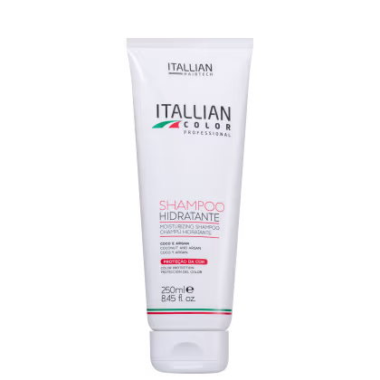 Shampoo hidratante da linha Itallian Color Professional. Texto "Shampoo Hidratante", descrevendo o produto como shampoo hidratante com coco e argan. Informações como volume de 250ml e proteção de cor.