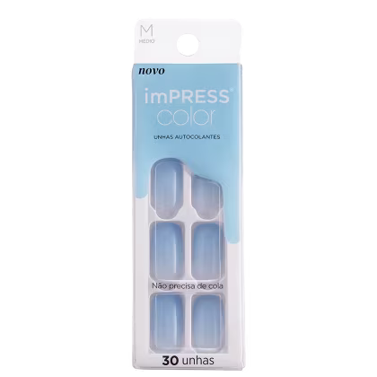 Embalagem contendo 30 unhas postiças autocolantes em tons de azul. Rótulo na parte superior com o nome do produto "imPRESS color" e a indicação "unhas autocolantes" e "não precisa de cola. Tamanho médio indicado pela letra "M" no canto superior esquerdo.