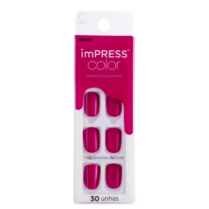 Embalagem contendo 30 unhas postiças na cor rosa vibrante. A embalagem exibe o logotipo e nome do produto "imPRESS color", além da frase "Unhas autocolantes" e "Não precisa de cola". Unhas apresentadas em fileiras, permitindo visualizar o formato e a cor.