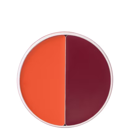 A imagem mostra as duas cores que vem na paleta. Possui um formato circular e traz do lado esquerdo o tom laranja e do lado direito um tom vinho.