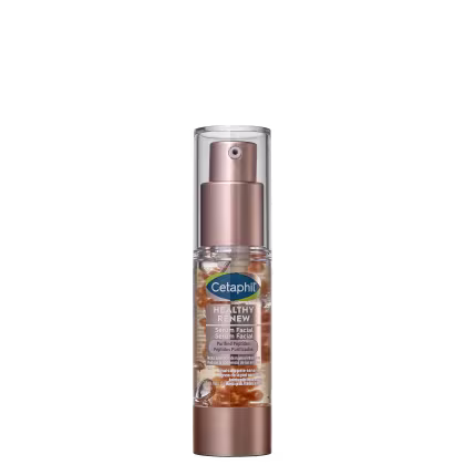 Sérum facial Cetaphil Healthy Renew em frasco cilíndrico transparente com tampa rosada metálica.