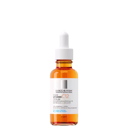 Frasco de vidro âmbar com conta-gotas branco contendo soro de vitamina C12 da marca La Roche-Posay, um produto cosmético antioxidante e iluminador.
