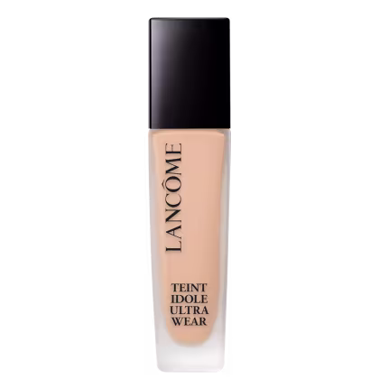 Frasco da base Lancôme Teint Idole Ultra Wear, com o nome da marca e do produto em letras pretas.