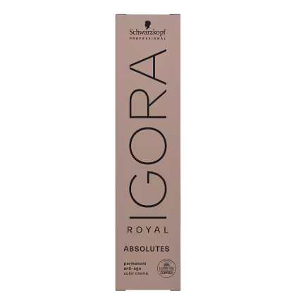 Coloração de cabelo da marca Schwarzkopf Professional, na cor nude, com o nome "Igora Royal" impresso em preto. O produto é descrito como uma tintura de cabelo permanente.