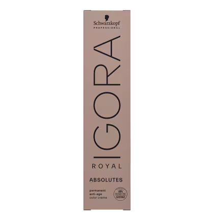Coloração de cabelo da marca Schwarzkopf Professional, na cor nude, com o nome "Igora Royal" impresso em preto. O produto é descrito como uma tintura de cabelo permanente.