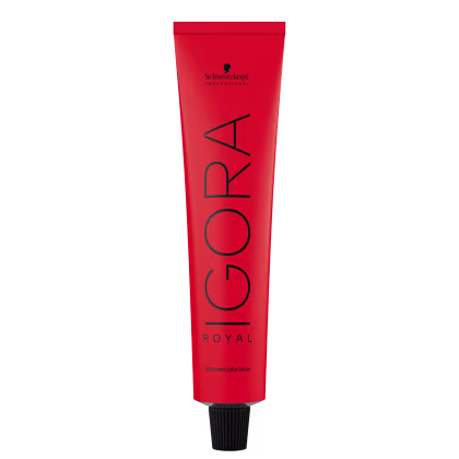 Coloração de cabelo da marca Schwarzkopf Professional, na cor vermelha, com o nome "Igora Royal" impresso em preto. O produto é descrito como uma tintura de cabelo permanente.