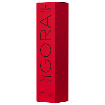 Caixa e tubo de Coloração de cabelo da marca Schwarzkopf Professional, na cor vermelha, com o nome "Igora Royal" impresso em preto. O produto é descrito como uma tintura de cabelo permanente.