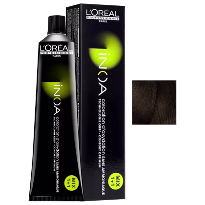 Frasco de item de perfumaria da marca L'Oréal Professionnel, com embalagem preta e verde, contendo produto para coloração de cabelos, com rótulo em destaque.