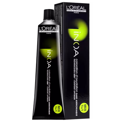 Frasco de item de perfumaria da marca L'Oréal Professionnel Paris, com embalagem preta e verde, contendo texto "INOA" em destaque.