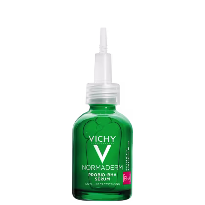 Frasco de sérum Normaderm Probio-BHA da Vichy, com embalagem verde e branca, contendo informações sobre o produto anti-imperfeições.