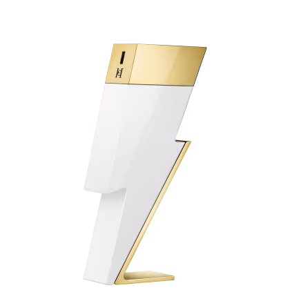 A imagem mostra um frasco de perfume de Carolina Herrera em formato de raio. Branco com detalhes dourados.