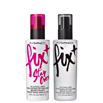 Dois frascos de spray fixador de maquiagem: um frasco branco inscrição em letras garrafais rosa vibrante e o outro com preto. Ambos os frascos têm tampas plásticas transparentes e com as cores dos escritos.