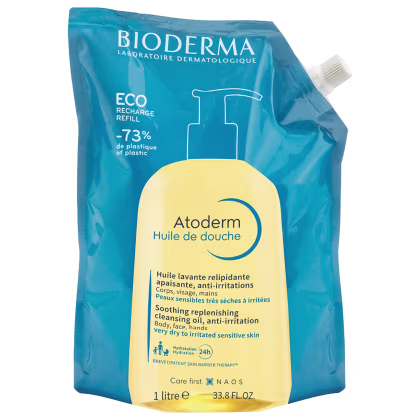 Embalagem de recarga Eco da Bioderma, contendo 1 litro de Atoderm, um óleo de banho hidratante e calmante para peles sensíveis e secas a muito secas.