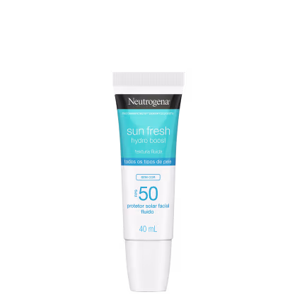 A imagem mostra o Protetor solar facial da linha Sun Fresh Hydro Boost da Neutrogena. Embalagem plástica cilíndrica branca e azul. Rótulo indicando fator de proteção solar 50, textura fluida, sem cor, para todos os tipos de pele.