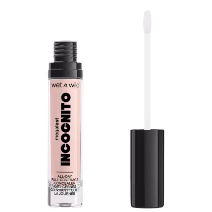 A imagem mostra um corretivo líquido da marca de cosméticos Wet n Wild chamado "Incognito". O produto é descrito como "Cobertura Total o Dia Todo" e apresenta um aplicador em forma de pincel integrado à embalagem.