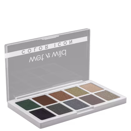 A imagem mostra uma paleta de sombras da marca de maquiagem Wet n Wild. É uma paleta compacta contendo 10 diferentes tons de sombras prensadas, variando de cores neutras como bege, cinza e marrom escuro.