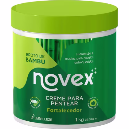 Creme para pentear fortalecedor da linha Novex. Embalagem plástica verde e amarela de 1kg. Rótulo com o logotipo Novex em letras brancas e informações sobre o produto.