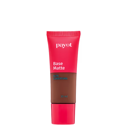 A imagem mostra um um tubo plástico de base da marca Payot. Na metade do tubo ele é transparente para apresentar a cor do produto e o outro restante é vermelho, assim como a tampa. Na embalagem consta marca, acabamento, cobertura e volumetria.