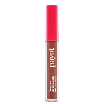 A imagem mostra um corretivo líquido da marca Payot em uma embalagem cilíndrica e transparente, permitindo ver a cor do produto. Apresenta tampa vermelha e na parte superior e está rotulado com a marca e mais abaixo o tipo de produto e cobertura.