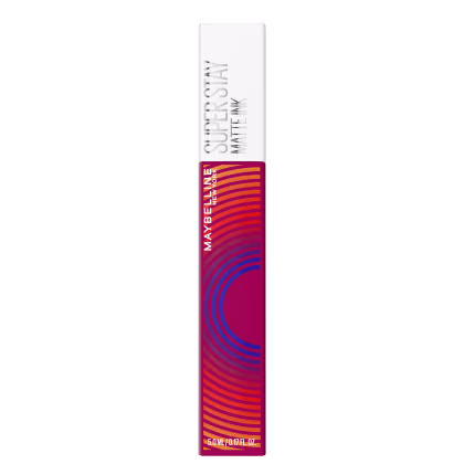 A imagem mostra o batom líquido matte da Maybelline, embalagem cilíndrica branca. Rótulo com fundo rosa e listras onduladas em tons de rosa, laranja e azul.