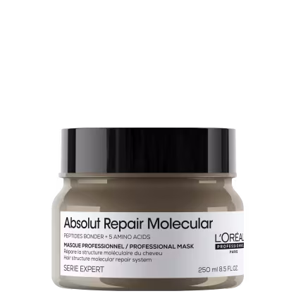A imagem mostra a máscara capilar da marca L'Oréal Professionnel da linha Absolut Repair Molecular", indicada para reparar a estrutura molecular dos cabelos. O frasco é marrom com uma tampa preta e rótulo branco.
