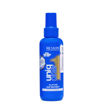 A imagem mostra o leave-in da linha Uniq One da Revlon Professional. Possui embalagem plástica azul brilhante em formato de frasco spray com tampa protetora. Rótulo frontal com o logotipo Revlon e o nome do produto. Possui detalhes em branco e dourado.
