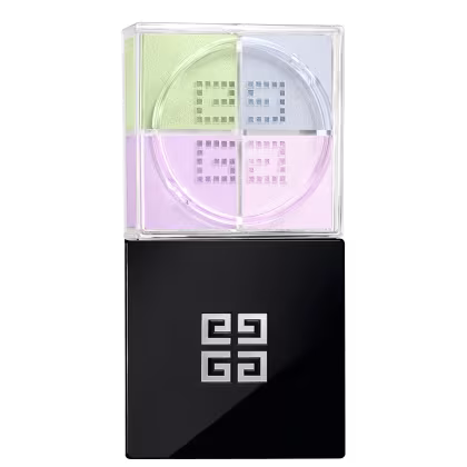 A imagem mostra o pó solto de Givenchy. É uma caixa preta elegante, com o logotipo da marca em relevo na tampa superior. A caixa é retangular e possui uma base transparente de acrílico que permite ver as cores suaves de verde, lilás e rosa.