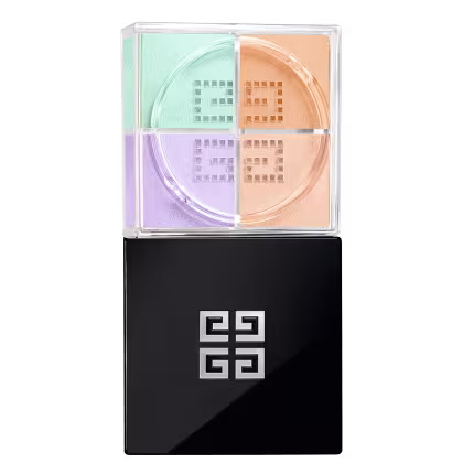 A imagem mostra o pó solto de Givenchy. É uma caixa preta elegante, com o logotipo da marca em relevo na tampa superior. A caixa é retangular e possui uma base transparente de acrílico que permite ver as cores suaves de verde, lilás e amarelo.