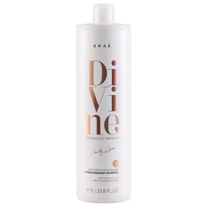 Frasco branco da linha Divine da marca Braé, contendo condicionador antifrizz para cabelos brilhantes e lisos. O rótulo apresenta o nome do produto "Divine" em letras grandes e douradas.