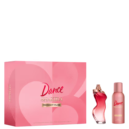 Conjunto de perfumes da linha Dance da marca Shakira. Inclui um frasco de perfume vermelho com formato curvilíneo e um frasco menor rosa. Embalagem retangular rosa com o nome "Dance Shakira" e a inscrição "Midnight Muse".