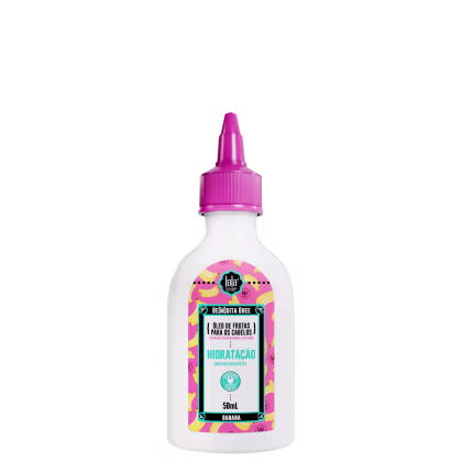 A imagem mostra um frasco plástico branco com tampa rosada e rótulo com fundo rosa e desenhos de banana, além de informações do produto como marca, tipo de produto e, no rodapé do rótulo, a volumetria.