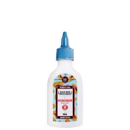 A imagem mostra um frasco plástico branco com tampa azul e rótulo com fundo azul claro e desenhos de mamão, além de informações do produto como marca, tipo de produto e, no rodapé do rótulo, a volumetria.