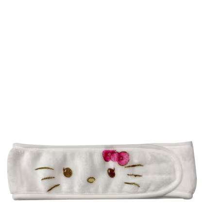 Mostra a faixa de cabelo branca com o rosto da hello kitty na parte frontal.