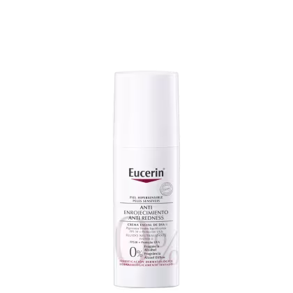 Frasco branco de Eucerin contendo "Anti Enrojecimiento Anti Redness", uma crema facial de dia com FPS 30 e proteção UVA, sem álcool e fragrância, testada dermatologicamente.