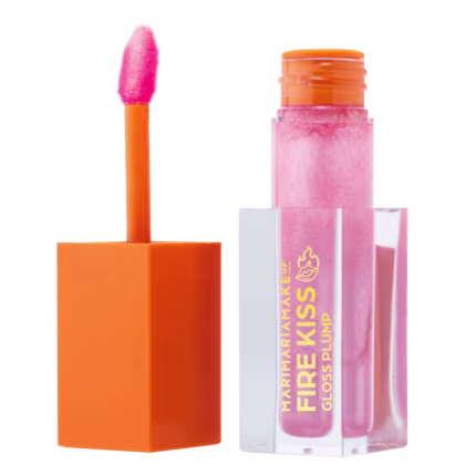 Gloss labial efeito plump, embalagem transparente com tampa e aplicador laranja. O produto está destampado, com a tampa ao lado.