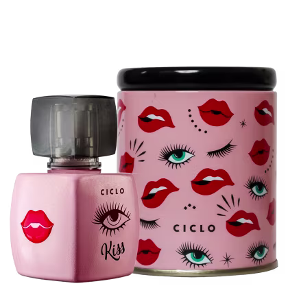 Perfume em frasco de vidro rosa com tampa preta. Ao lado, uma lata cilíndrica rosa com padrão de olhos maquiados e lábios vermelhos espalhados. O nome "Ciclo" está impresso em ambas as embalagens.