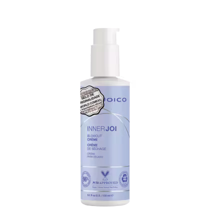 O Leave-in Joico InnerJoi Blowout Crème (150ml) aparece em destaque em sua embalagem azul com detalhes em branco e prata.