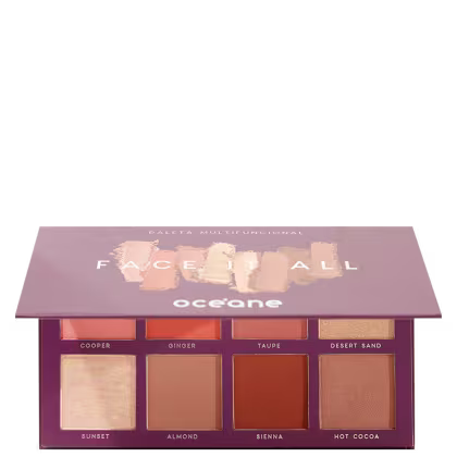 Paleta de maquiagem da marca Océane. Embalagem retangular compacta em tons de vinho. Na parte superior, o nome da marca e da paleta impressos. Contém 8 sombras prensadas em tons terrosos, variando do bege claro ao marrom avermelhado.